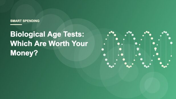 Smartphone showing a health quiz beside coins and a DNA helix illustrating the cost of biological age tests